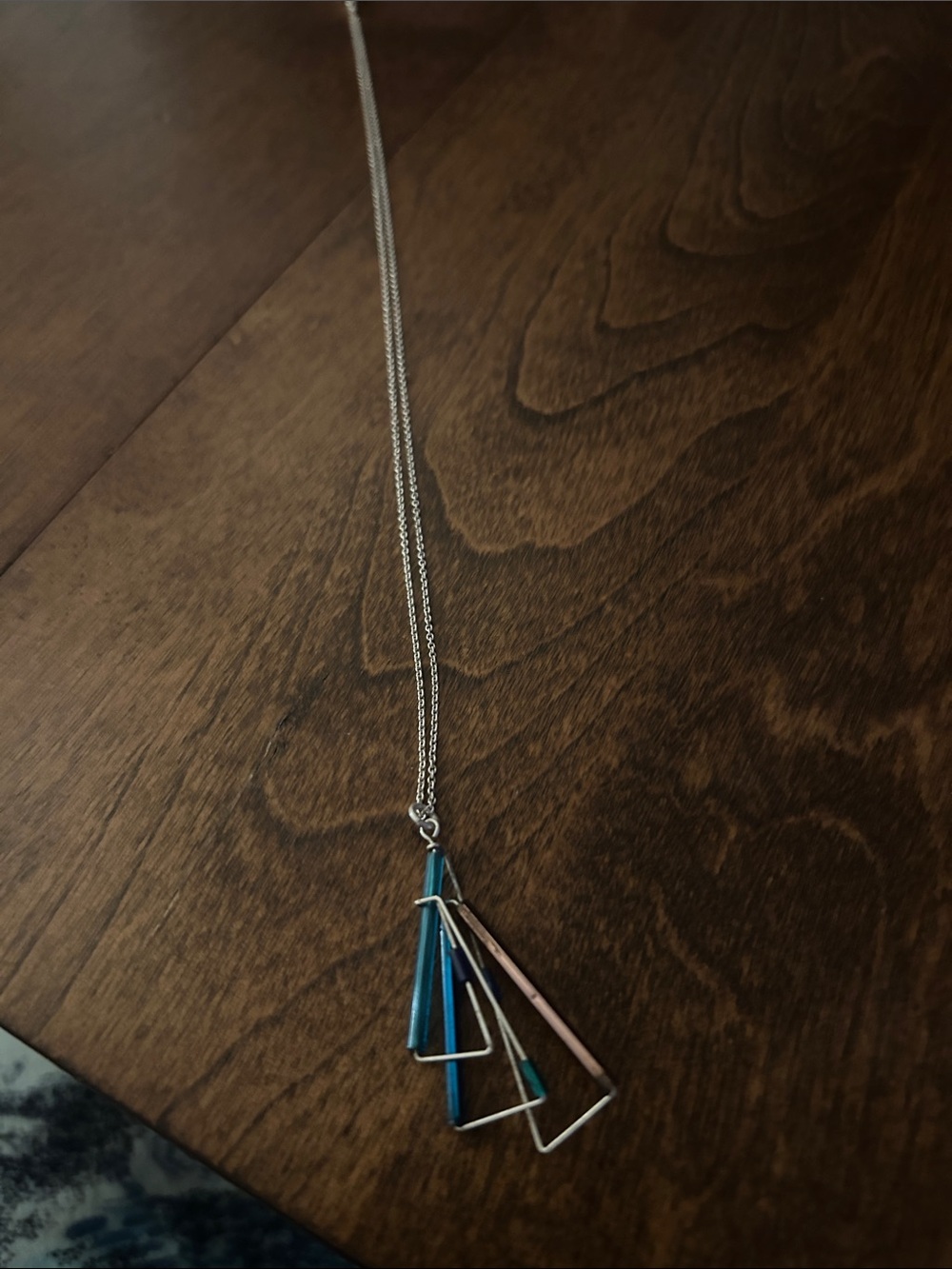Silver Chain Necklace with Teal and Pink Geometric Pendants